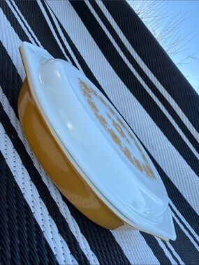 Vintage Style Yellow butterfly gold Covered Casserole Dish with Floral Lid